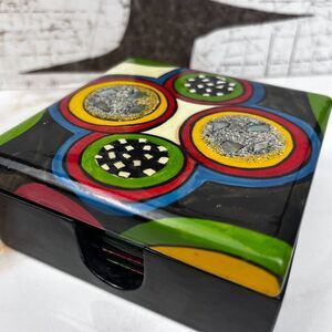 Retro Pop Art Wood Lacquered Coaster Set Abstract Geometric Funky Home Decor